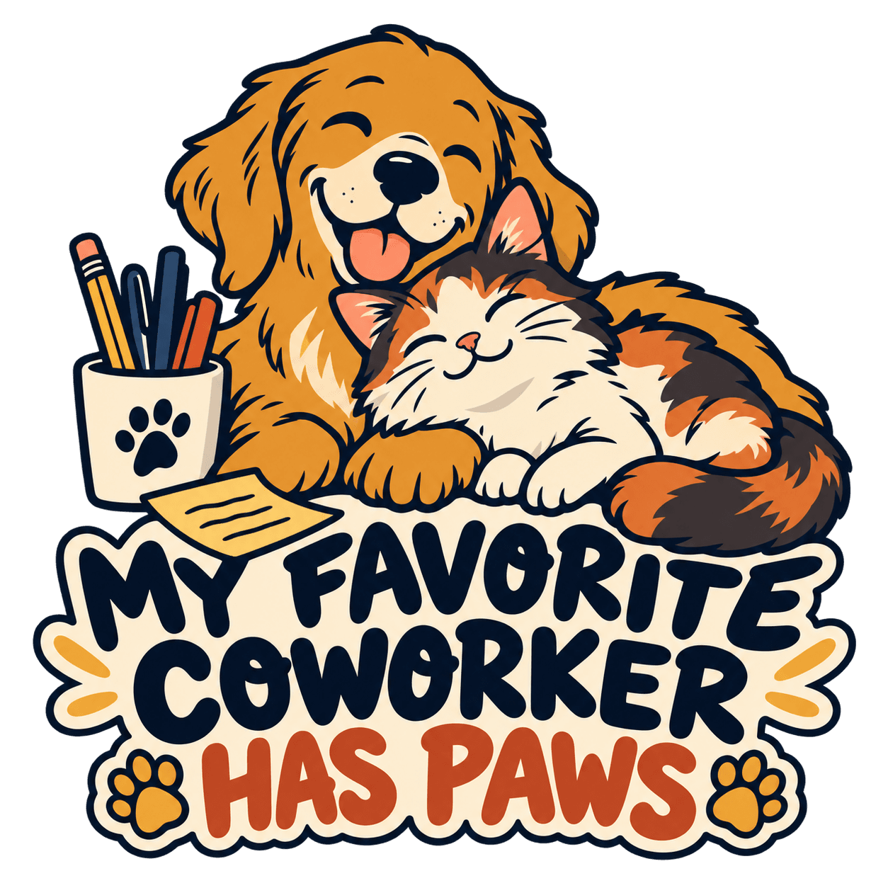 Dog and cat napping at a desk beneath the words My Favorite Coworker Has Paws